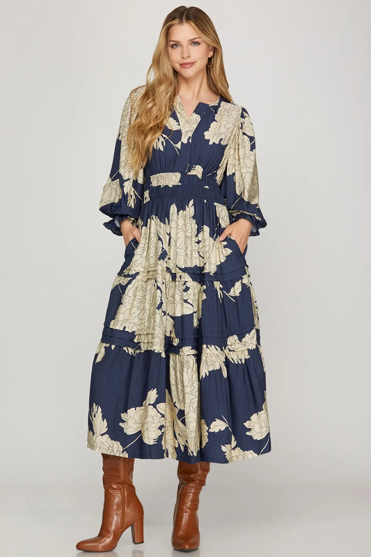 Midnight Floral Tiered Midi Dress