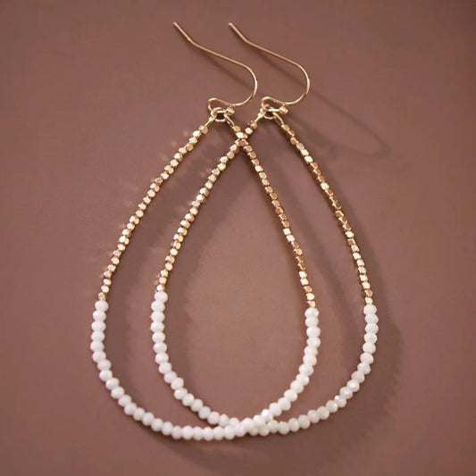 White & Gold Beaded Teardrop Earrings