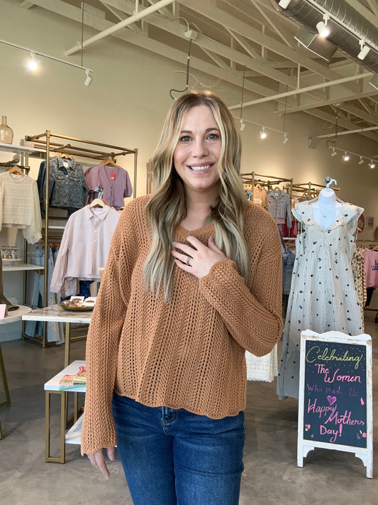 Textured Crochet V-Neck Pullover