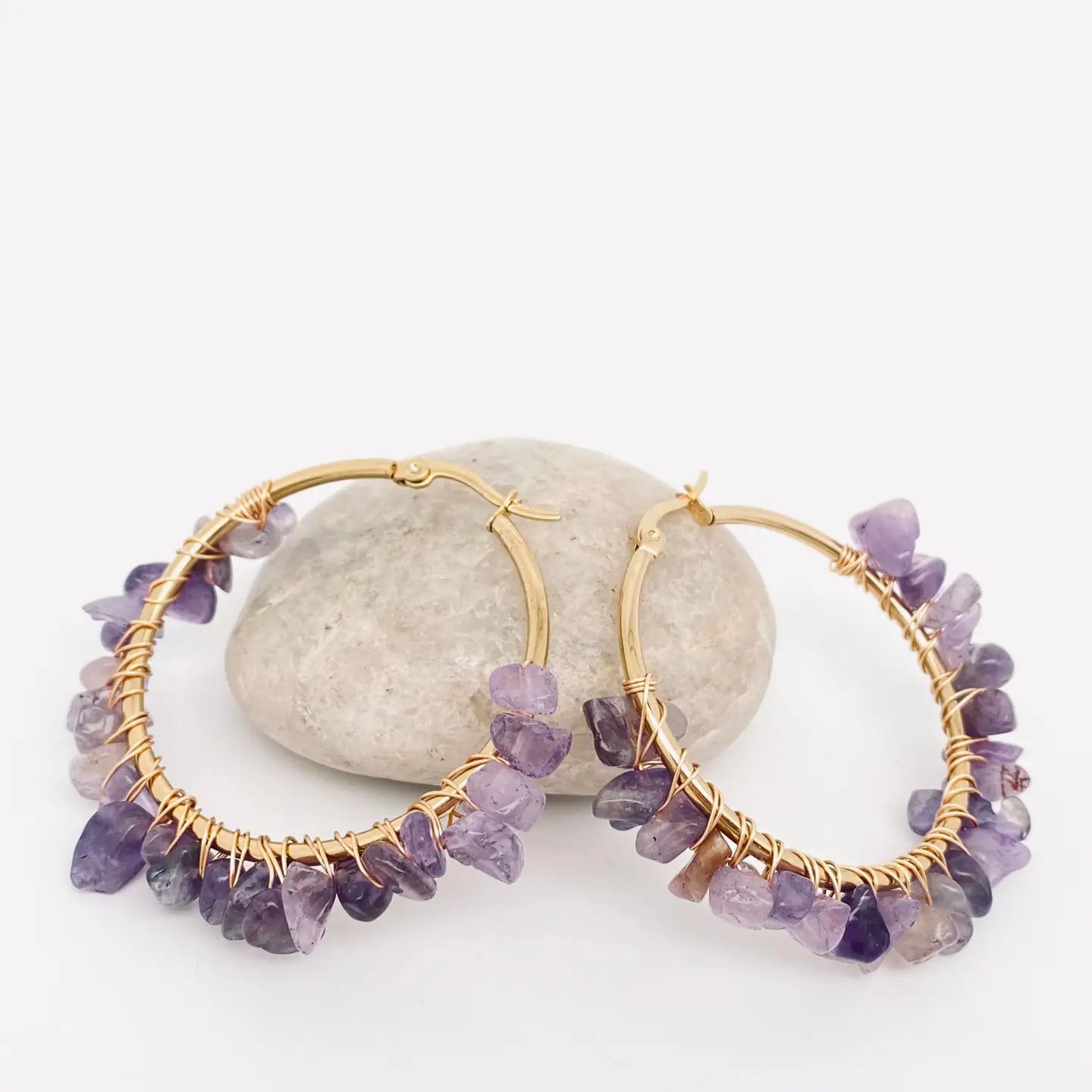 Hand-Wound Natural Stone Hoop Earrings