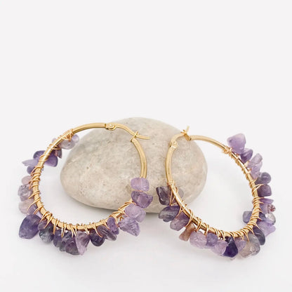 Hand-Wound Natural Stone Hoop Earrings