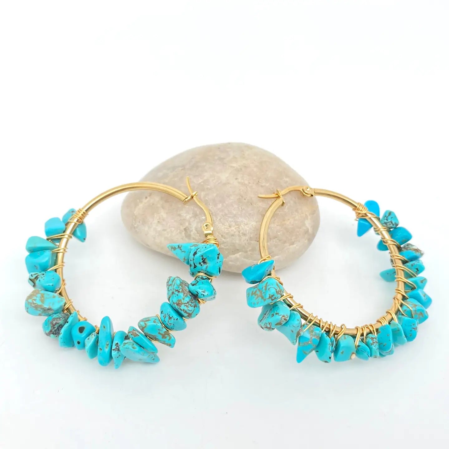 Hand-Wound Natural Stone Hoop Earrings