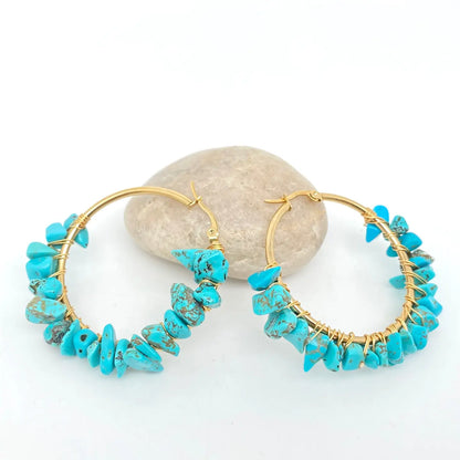 Hand-Wound Natural Stone Hoop Earrings