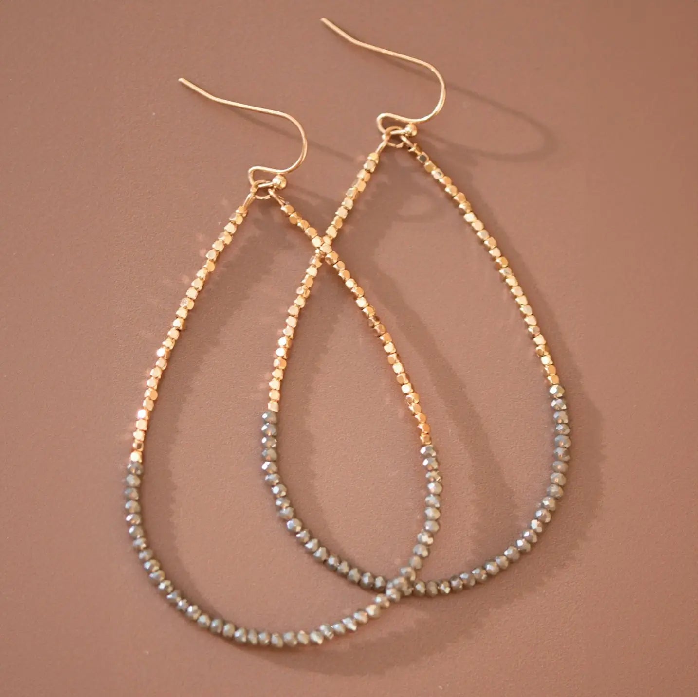 Gold Beaded Hollow Drop Earrings with Glass Beads