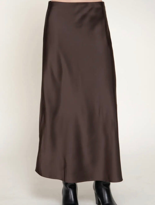 After Hours Satin Midi Skirt in Brown