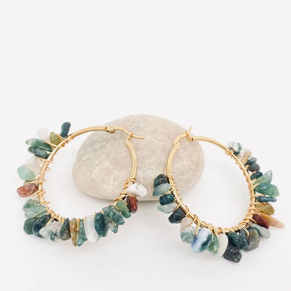 Hand-Wound Natural Stone Hoop Earrings