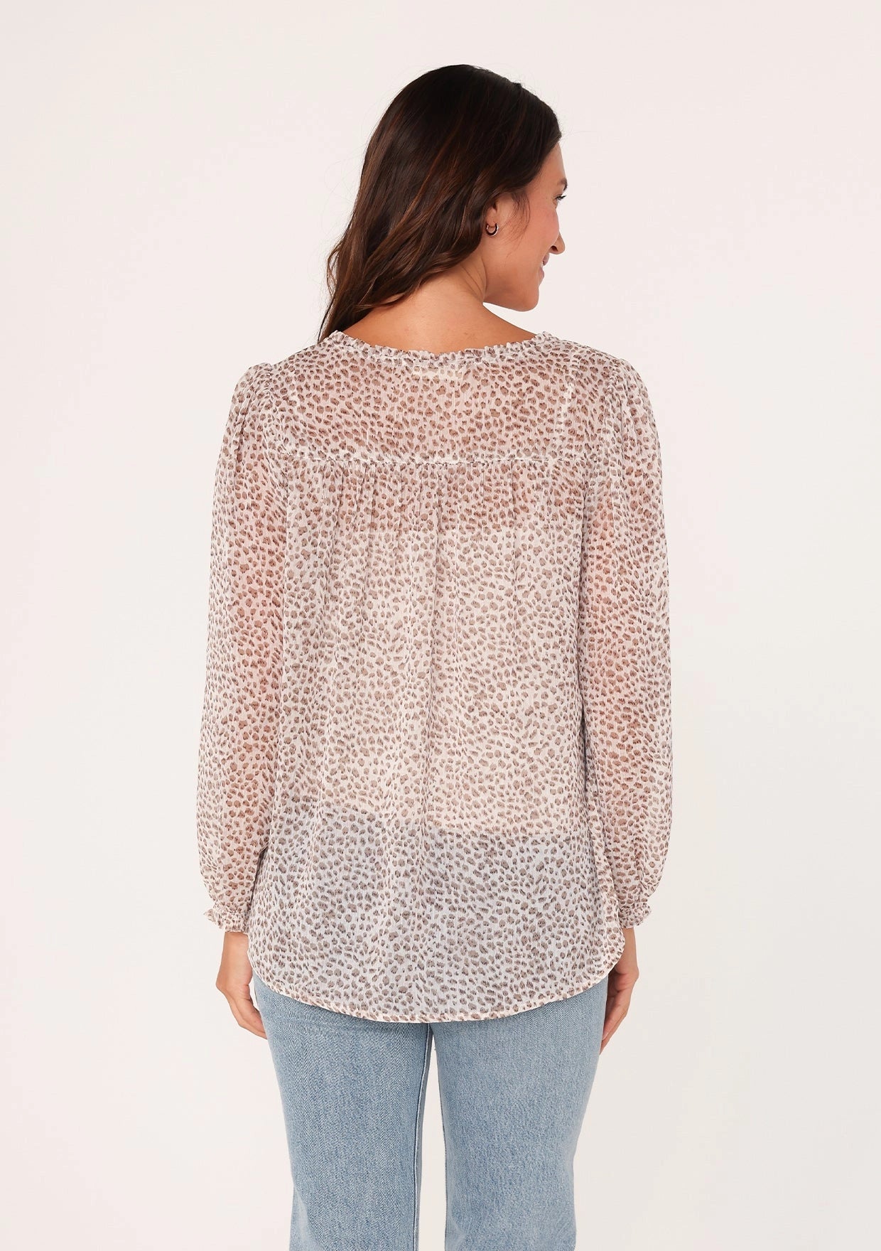 Sheer Animal Print Long Sleeve Tie Neck Blouse