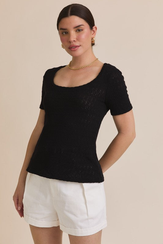 Balack Textured Scoop Neck Short Sleeve Top