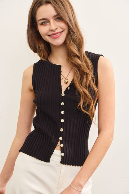 Black Sleeveless Blouse with Front Buttons