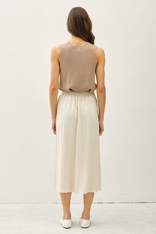Button Front Linen Midi Skirt Back