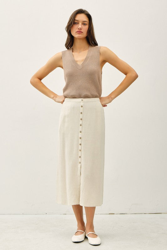Button Front Linen Midi Skirt Front