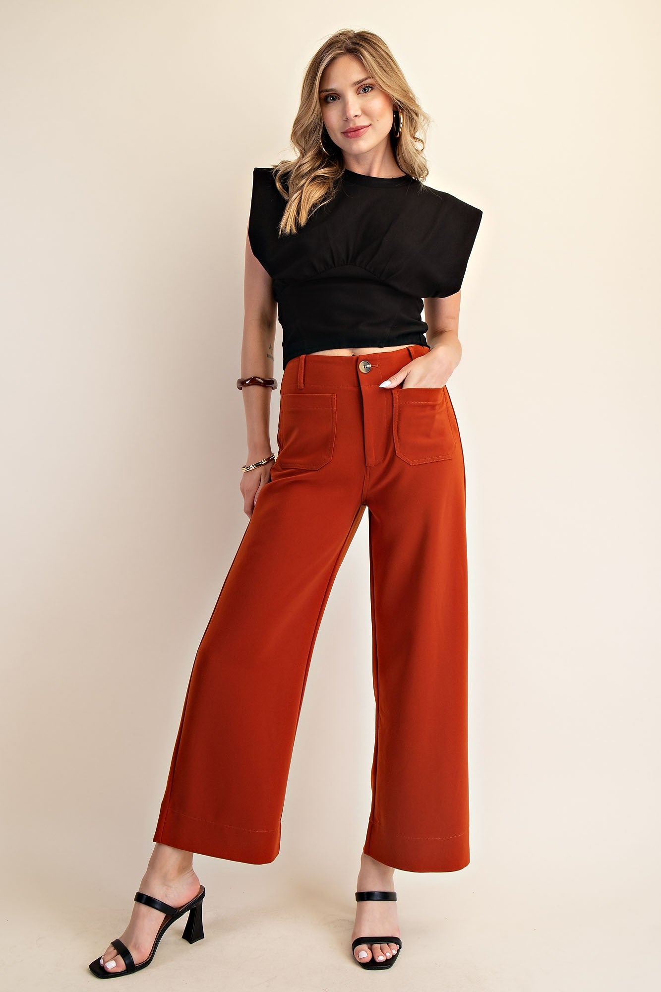 Colette Cropped Wide-Leg Pants Black Back Rust Front