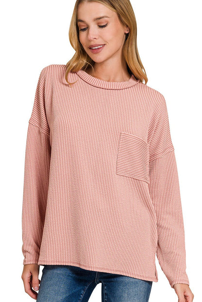 Cozy Ribbed Essential Long Sleeve Top Light Rose Front