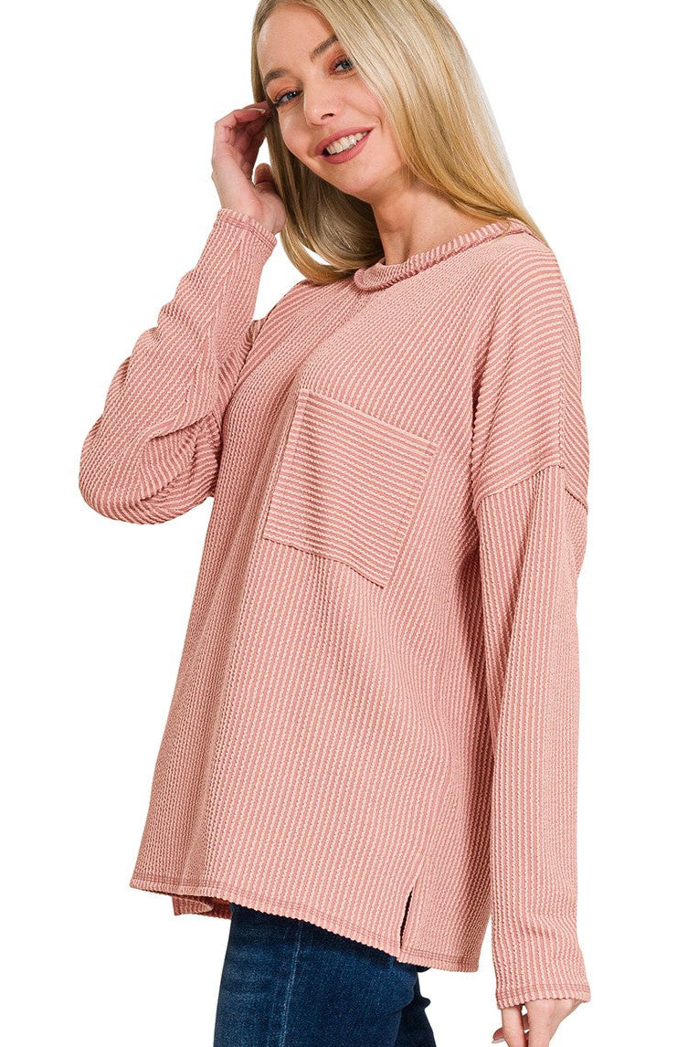 Cozy Ribbed Essential Long Sleeve Top Light Rose Side