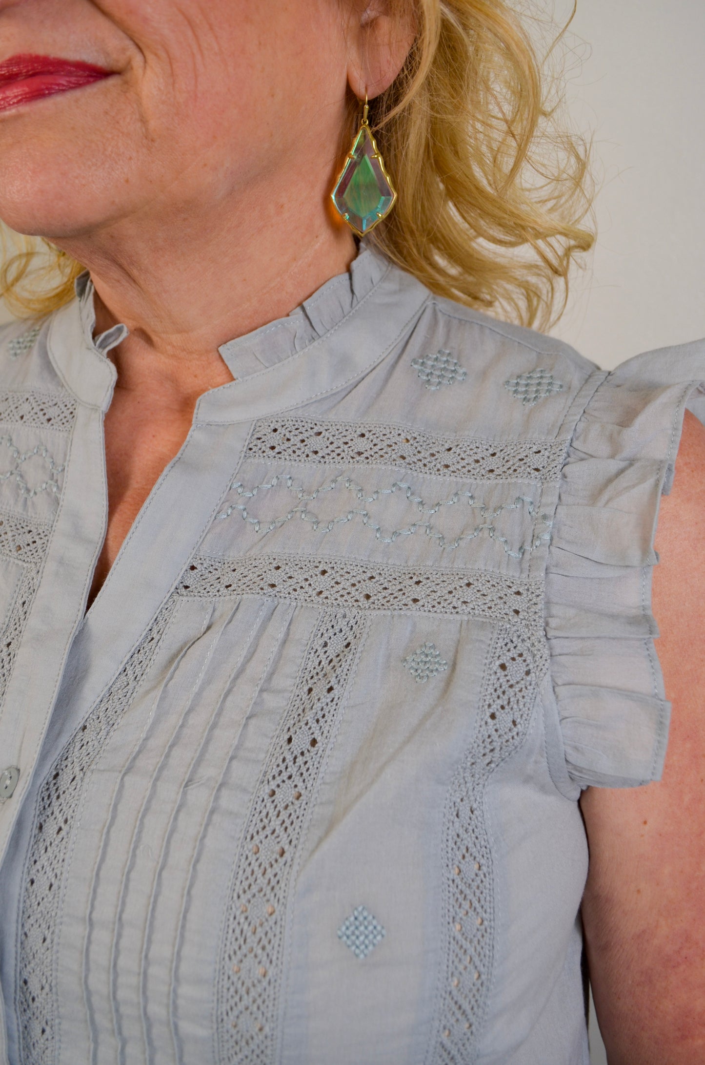 Lace-Trimmed Button Down Top with Delicate Embroidery