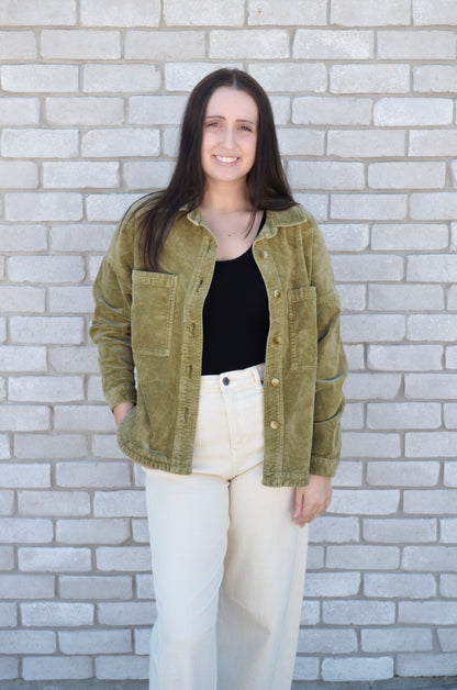 Dear John | Gina Button Front Oversized Denim Jacket Olive Branch Front