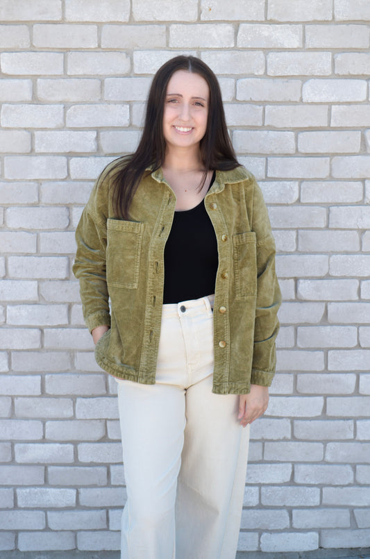 Dear John | Gina Button Front Oversized Denim Jacket Olive Branch Front