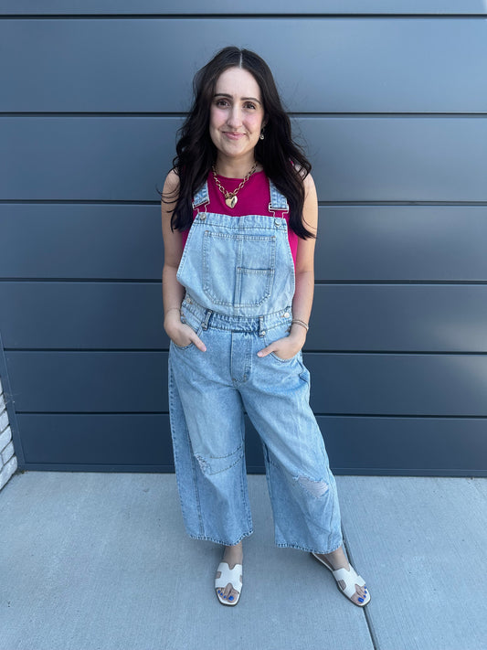 Distressed Barrel Pant Denim Overall Jumpsuit