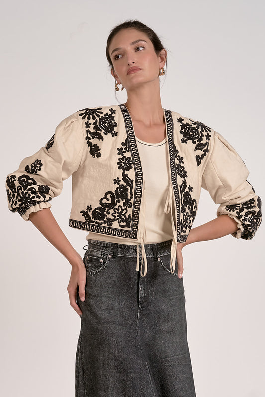 Elan Floral Stitch Puff Sleeve Jacket