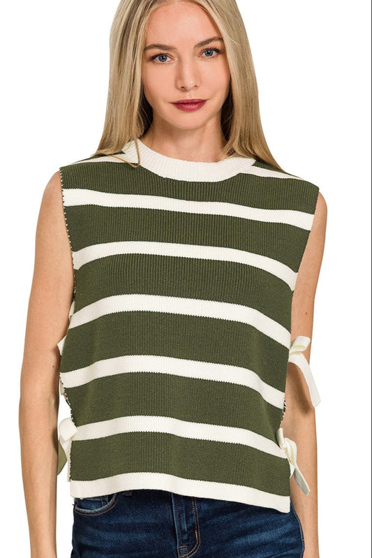 Ellis Side-Tie Vest Olive/Ivory Front