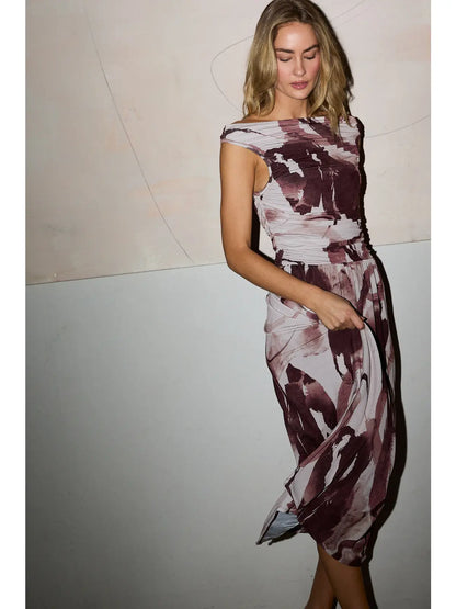 Watercolor Mocha Side Ruched Midi Dress