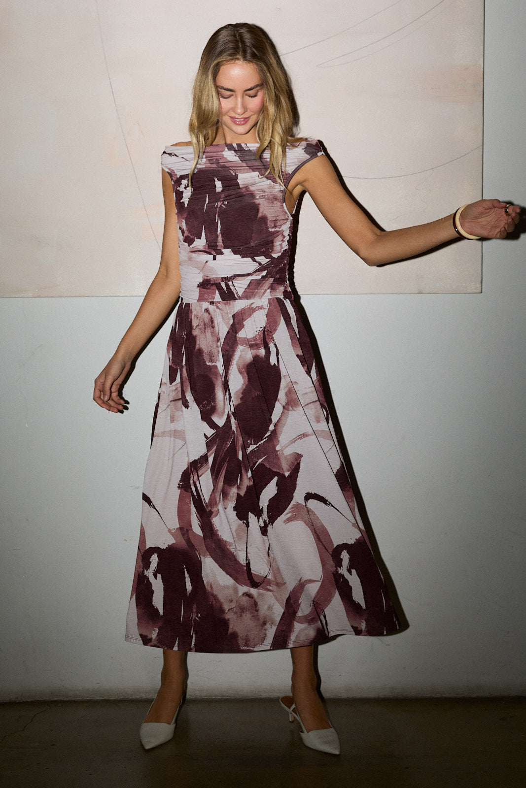 Watercolor Mocha Side Ruched Midi Dress