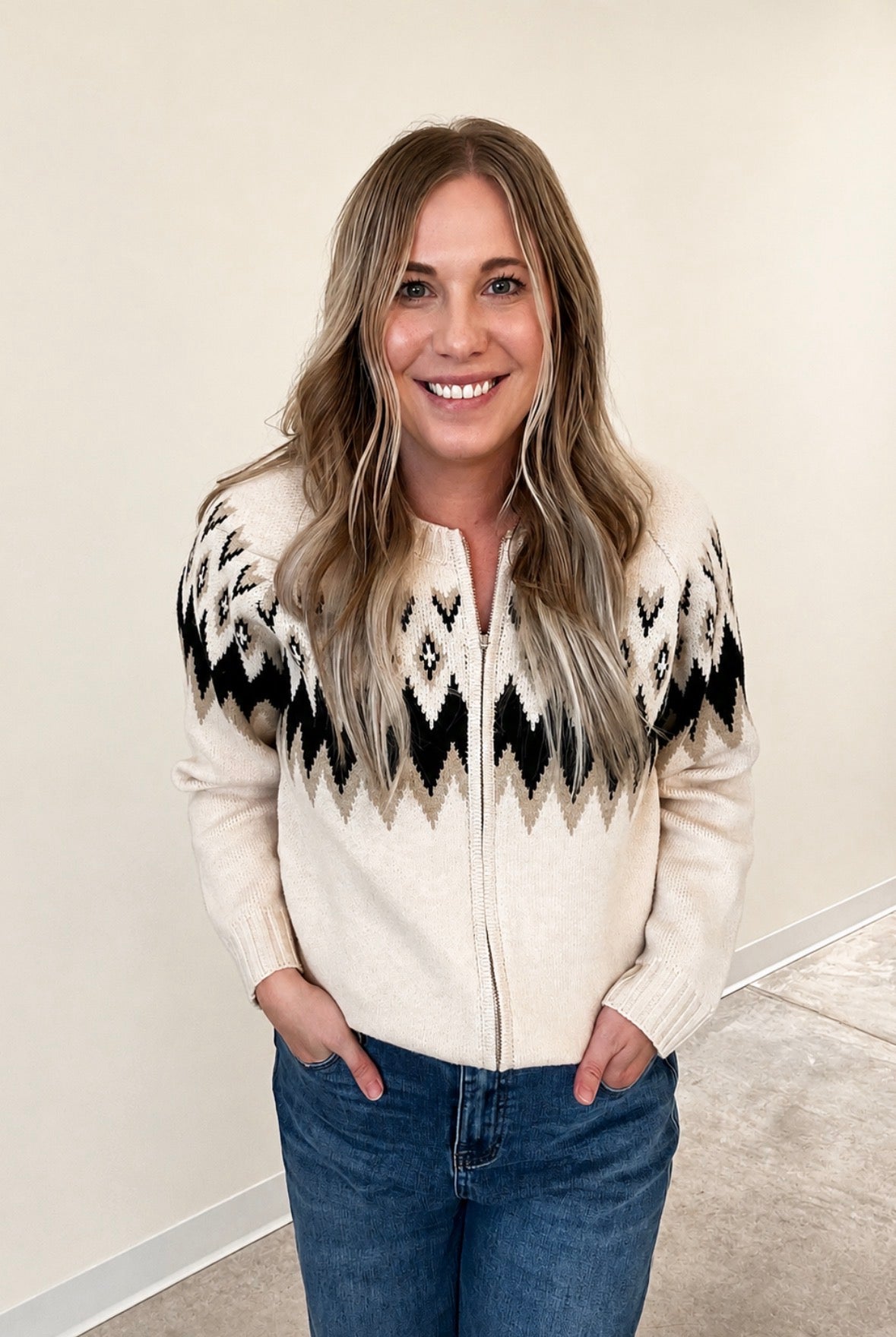 Fair Isle Zip Front Cardigan
