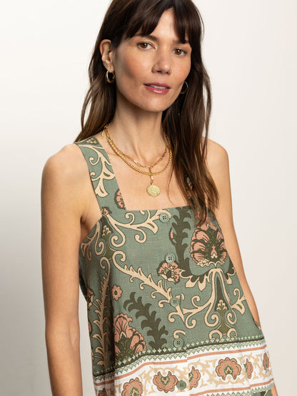 Sanctuary Button Back Floral Cami Olive Green