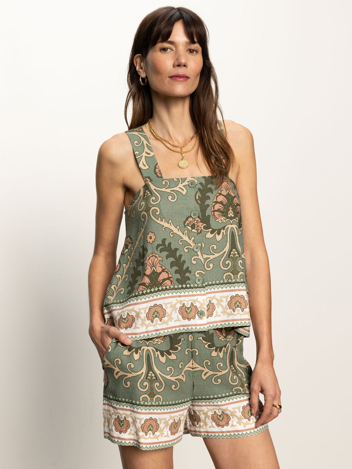 Sanctuary Button Front Floral Cami Olive Green