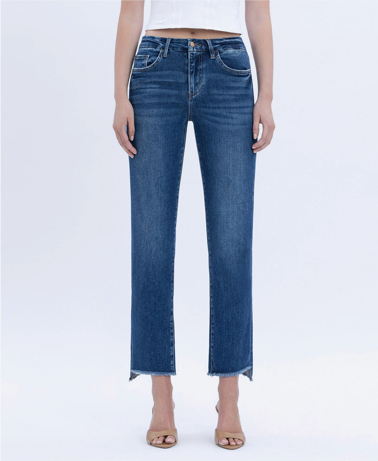 High Rise Slim Straight Slant Hem Denim