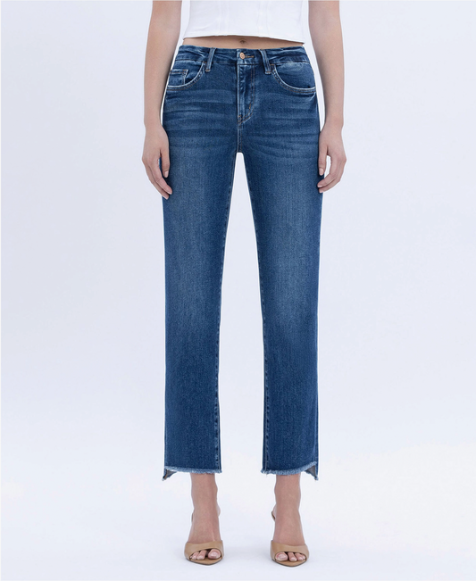 High Rise Slim Straight Slant Hem Denim