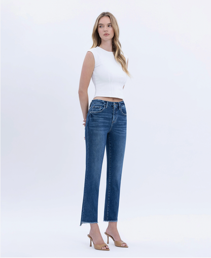 High Rise Slim Straight Slant Hem Denim