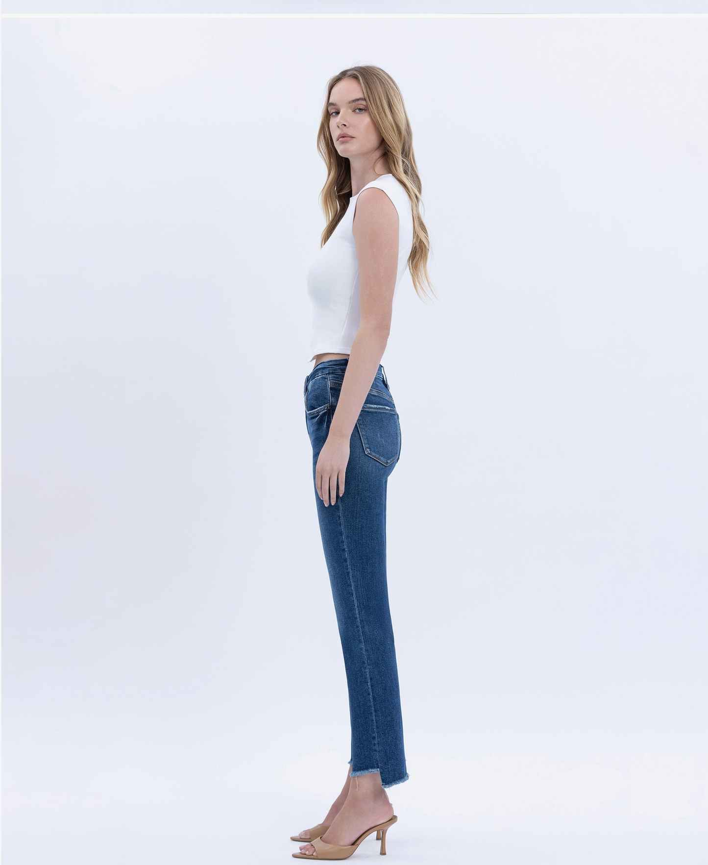 High Rise Slim Straight Slant Hem Denim