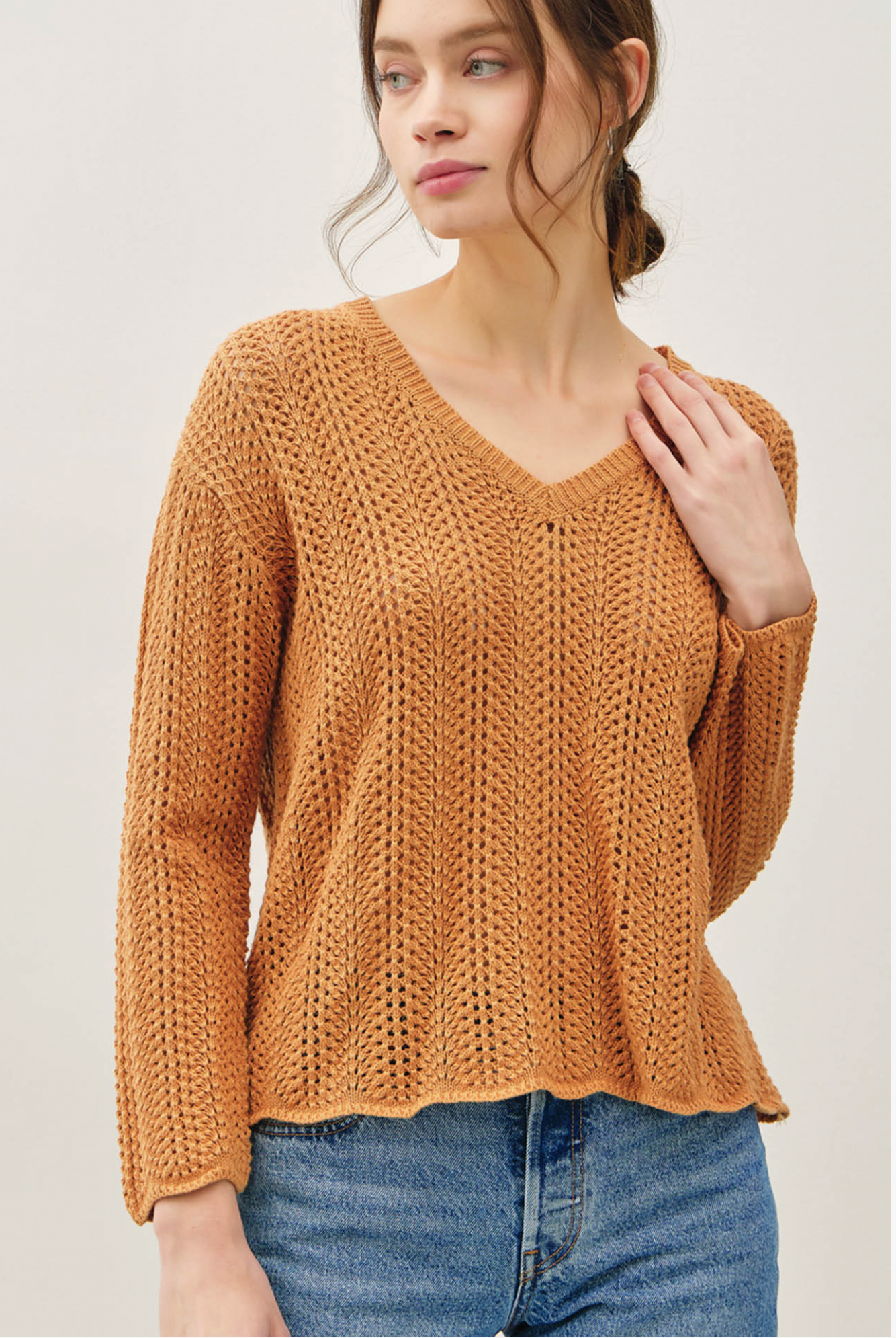 Textured Crochet V-Neck Pullover