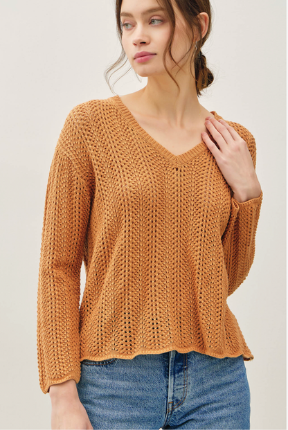 Textured Crochet V-Neck Pullover
