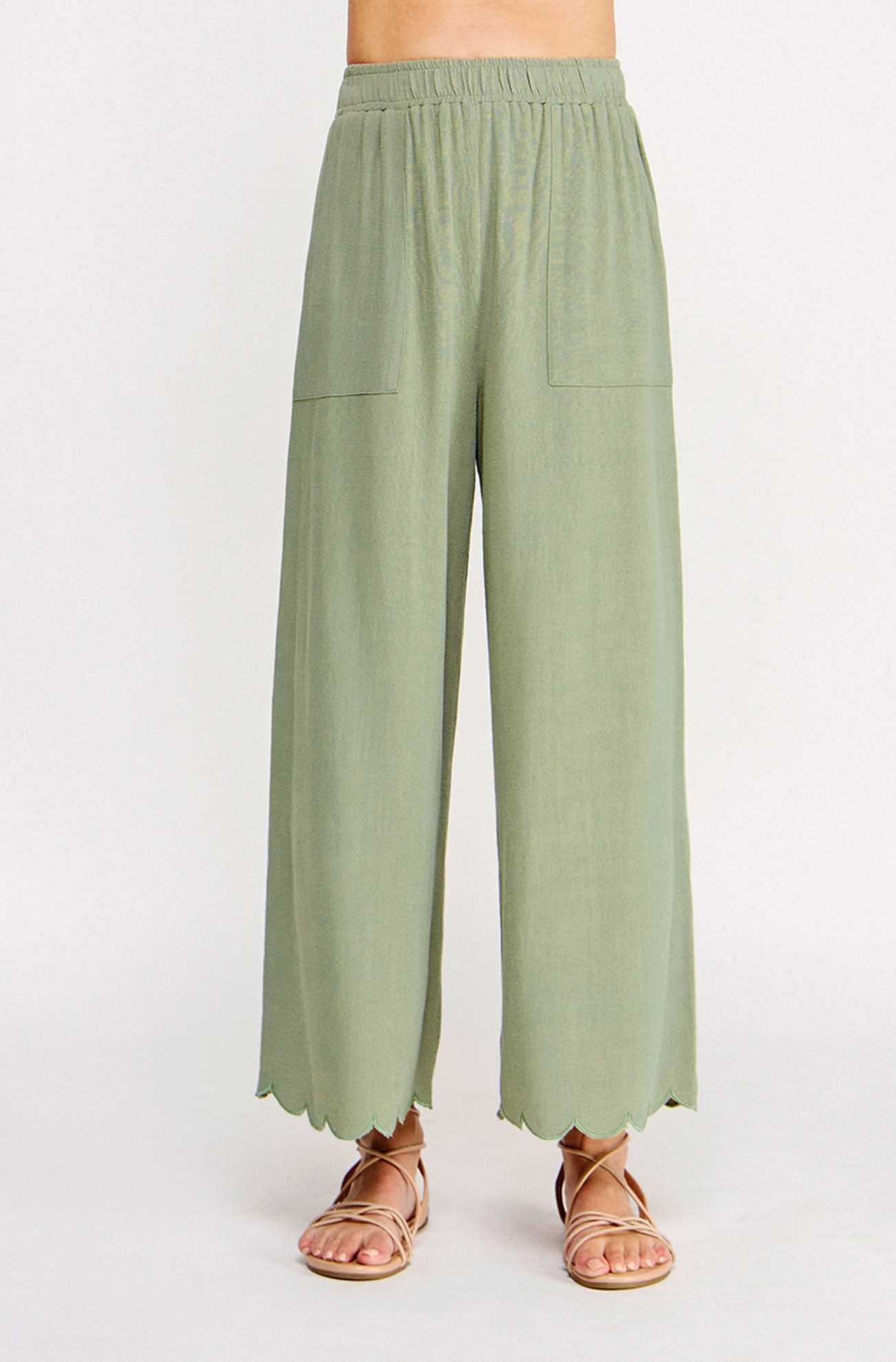 Linen Blend Scalloped Hem Pants