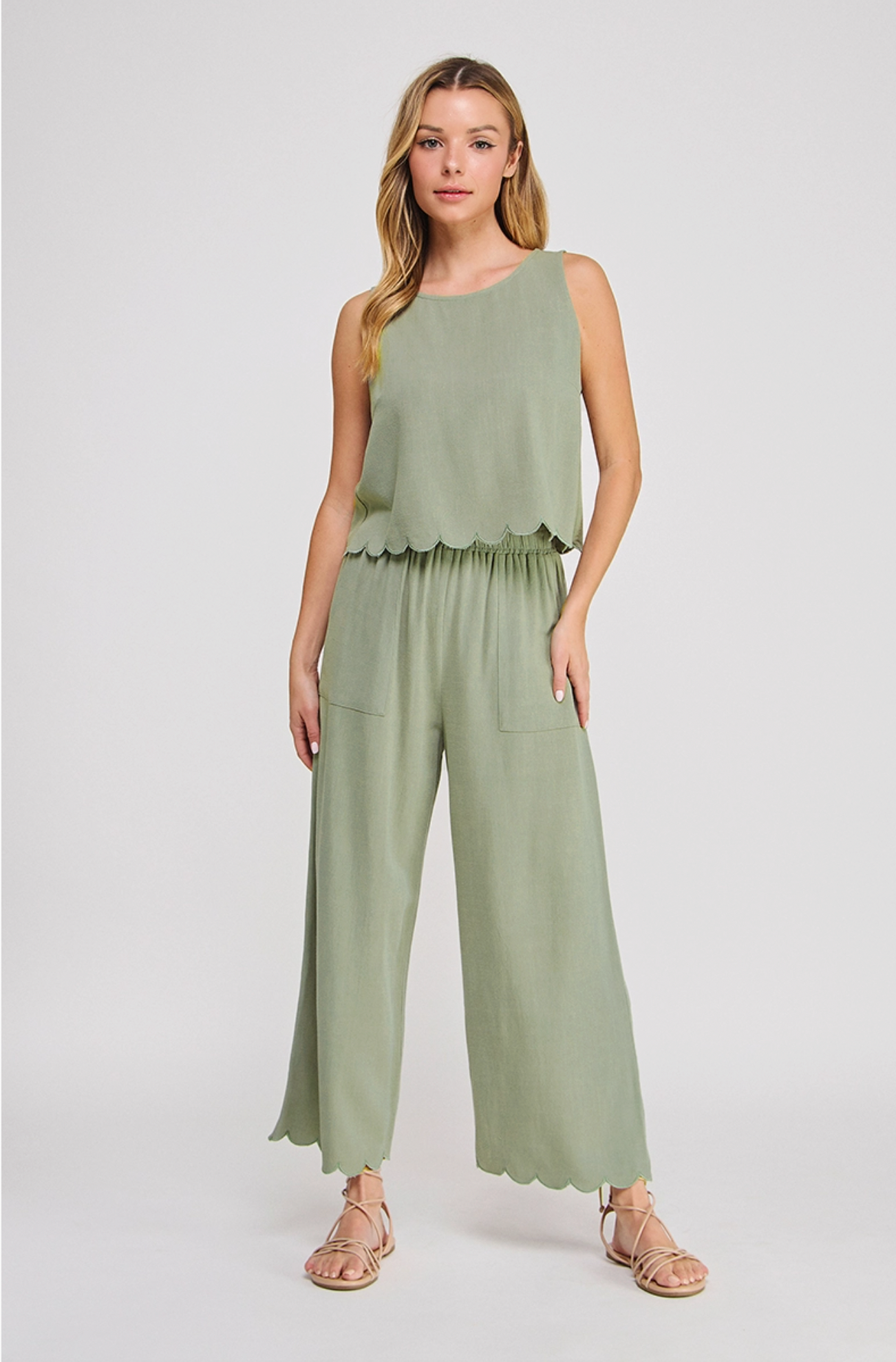Linen Blend Scalloped Tank