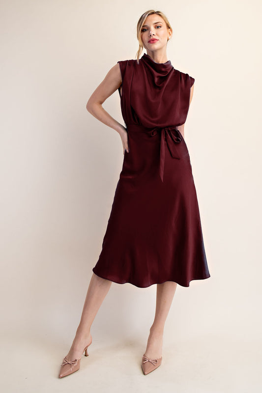The Bordeaux Cowl Midi Dress Front