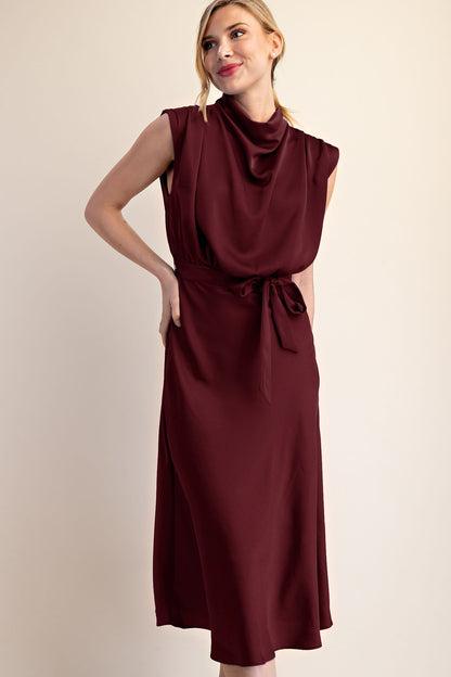 The Bordeaux Cowl Midi Dress Waist Tie Bow Detail
