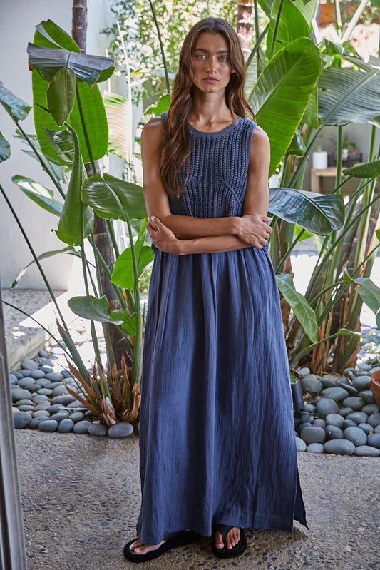 Blue linen dress with knit top