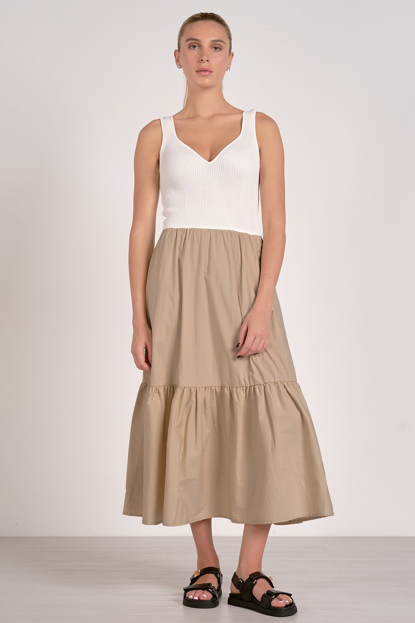 White/Tan Crochet Tank Maxi Dress - Front