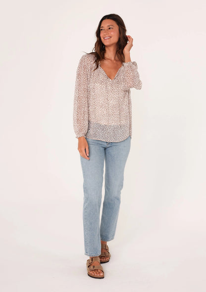 Sheer Animal Print Long Sleeve Tie Neck Blouse