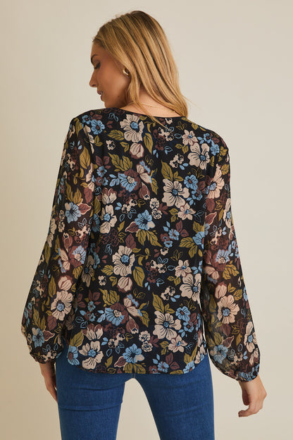 Notch Neck Long Sleeve Floral Top