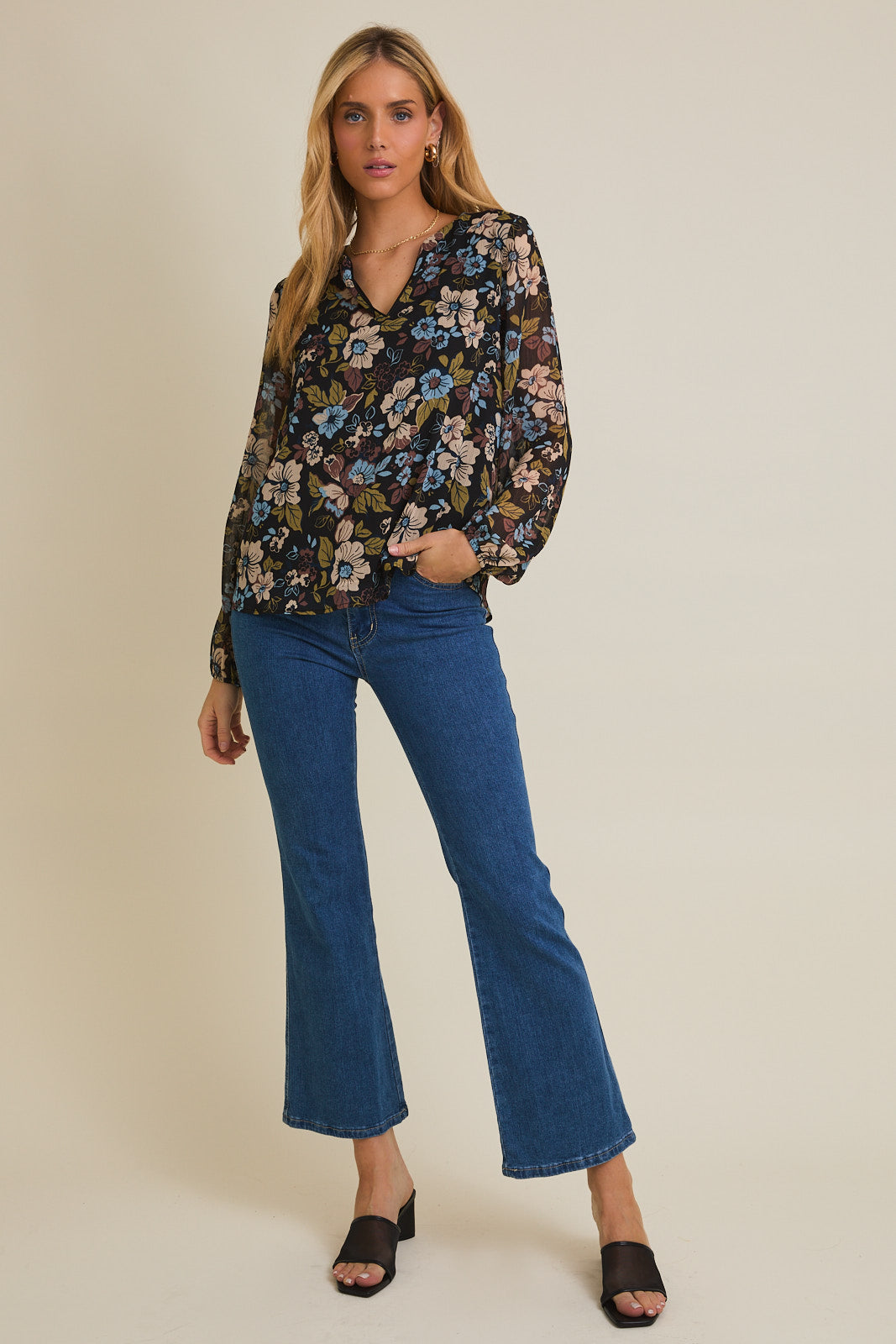 Notch Neck Long Sleeve Floral Top