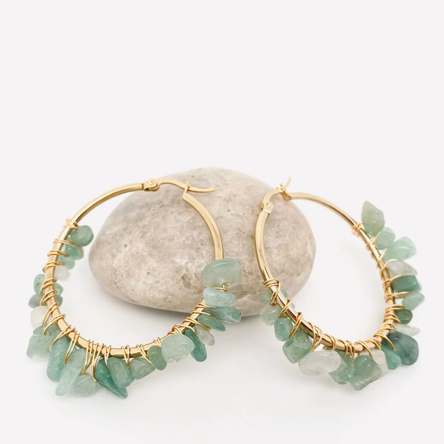 Hand-Wound Natural Stone Hoop Earrings