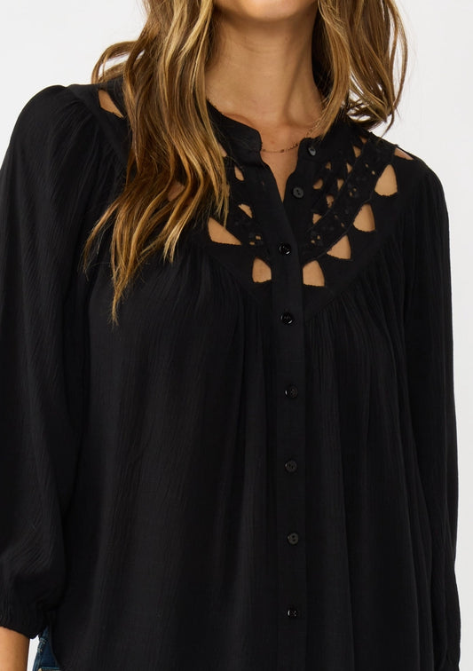 Cutout Embroidered Long Sleeve Blouse