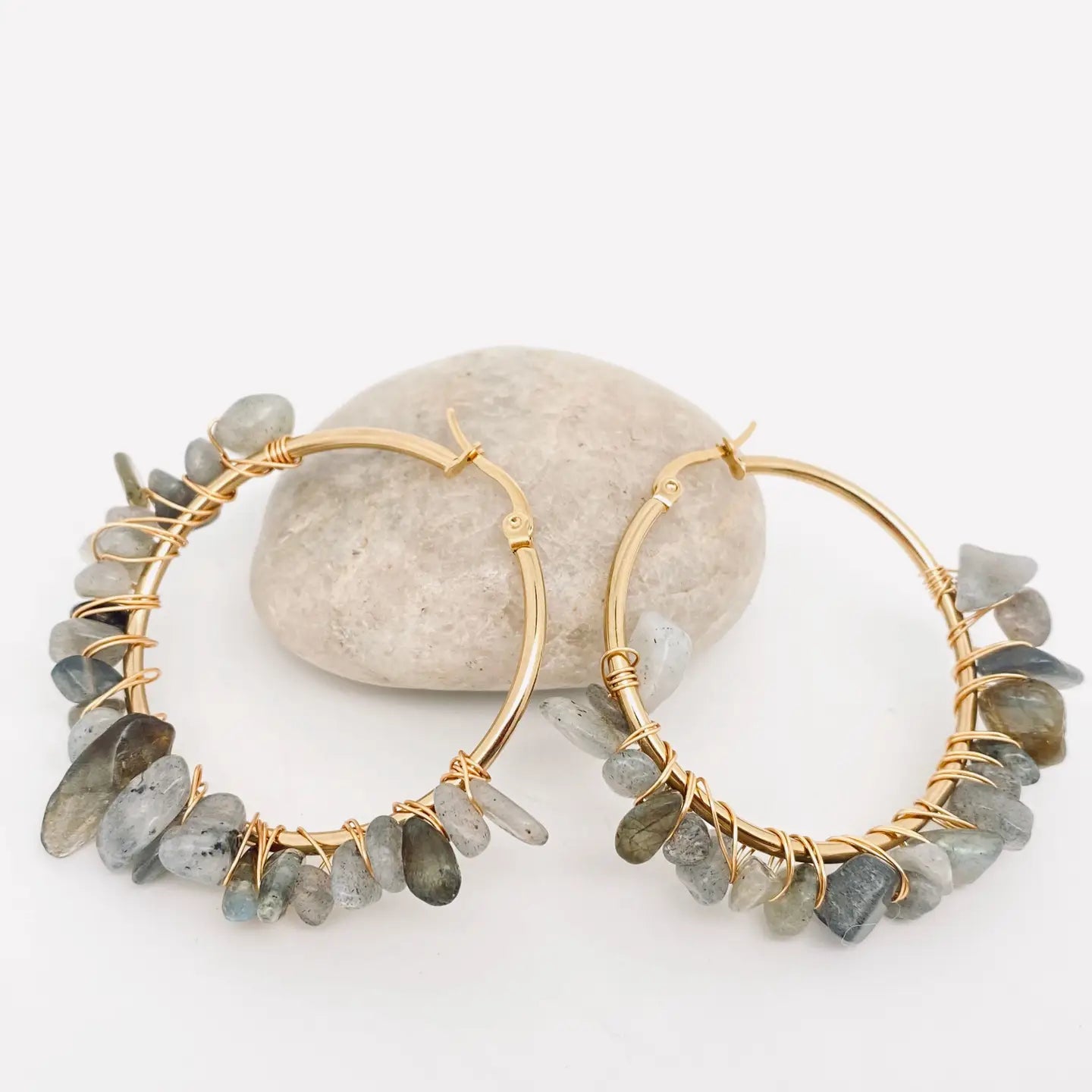 Hand-Wound Natural Stone Hoop Earrings