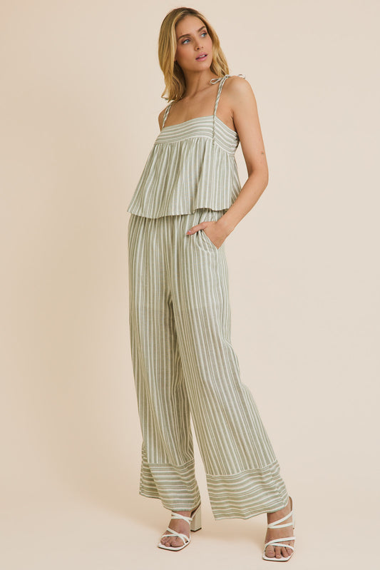 Striped Wide Leg Jumpsuit with Ruffle Detail