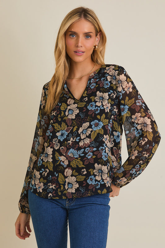 Notch Neck Long Sleeve Floral Top