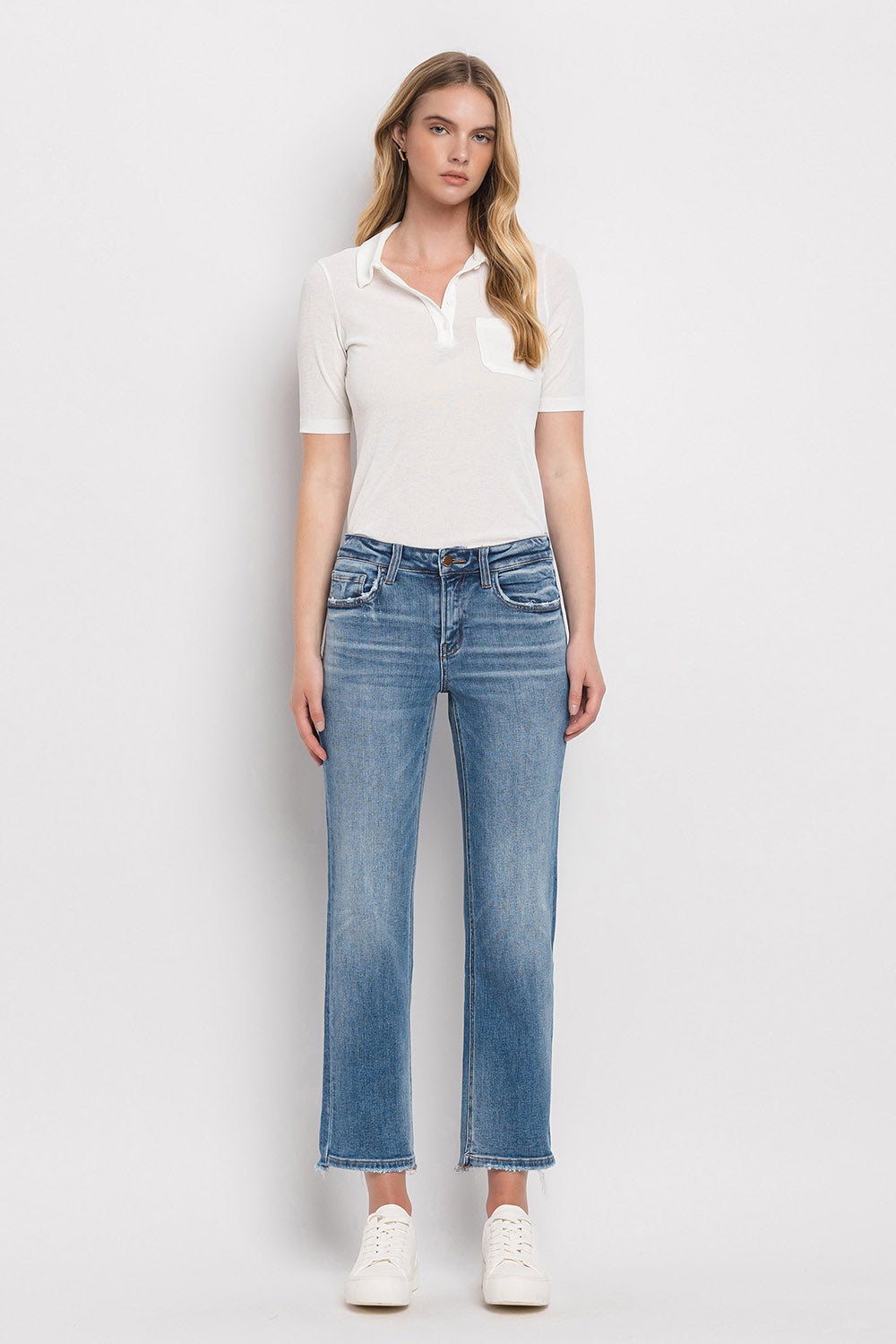 Mid Rise Crop Straight W/ Uneven Hem Detail